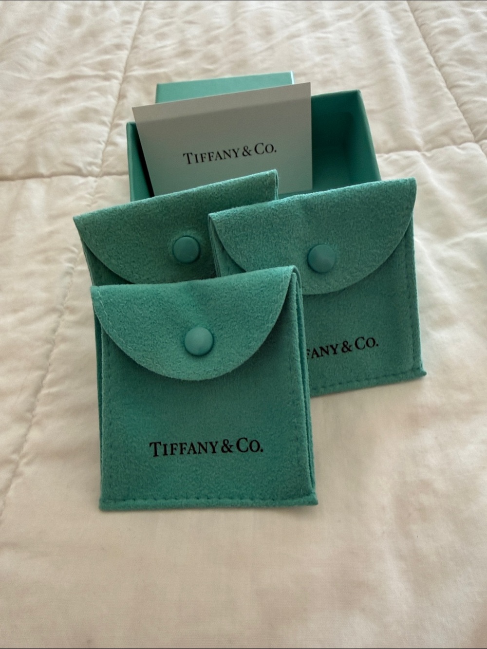Tiffany & Co. Three Turquoise Velvet Pouches with Box